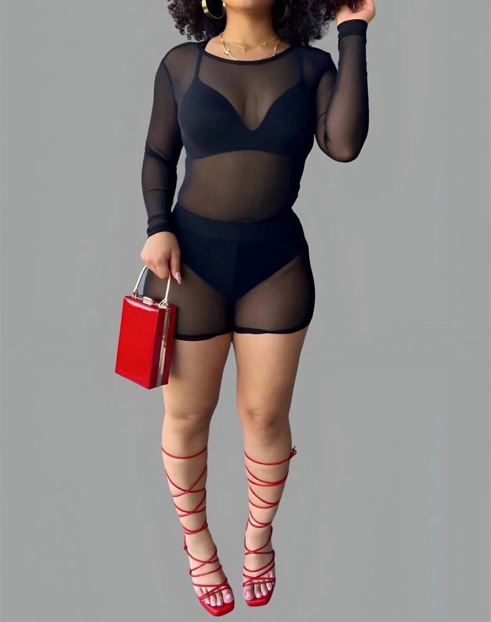 NEW CHARMING BUNNY you need me stretchy mesh bodysuit short set in black